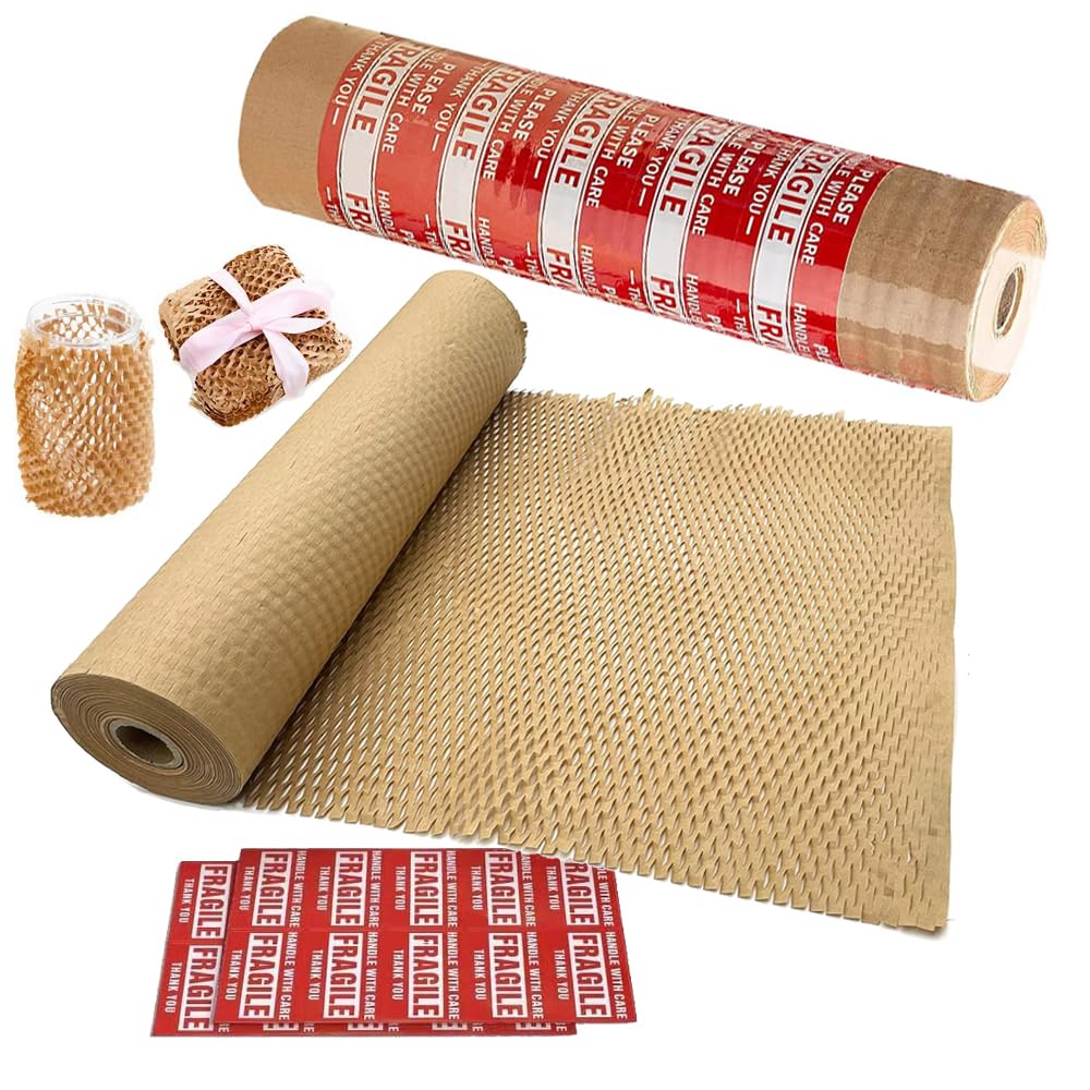 Honeycomb Packing Paper 38cm Packing Paper for Moving Products & Gifts Honeycomb Wrapping Paper Recyclable and Biodegradable Cushioning Packing Material with 20 Fragile Stickers (38cm x 18m)