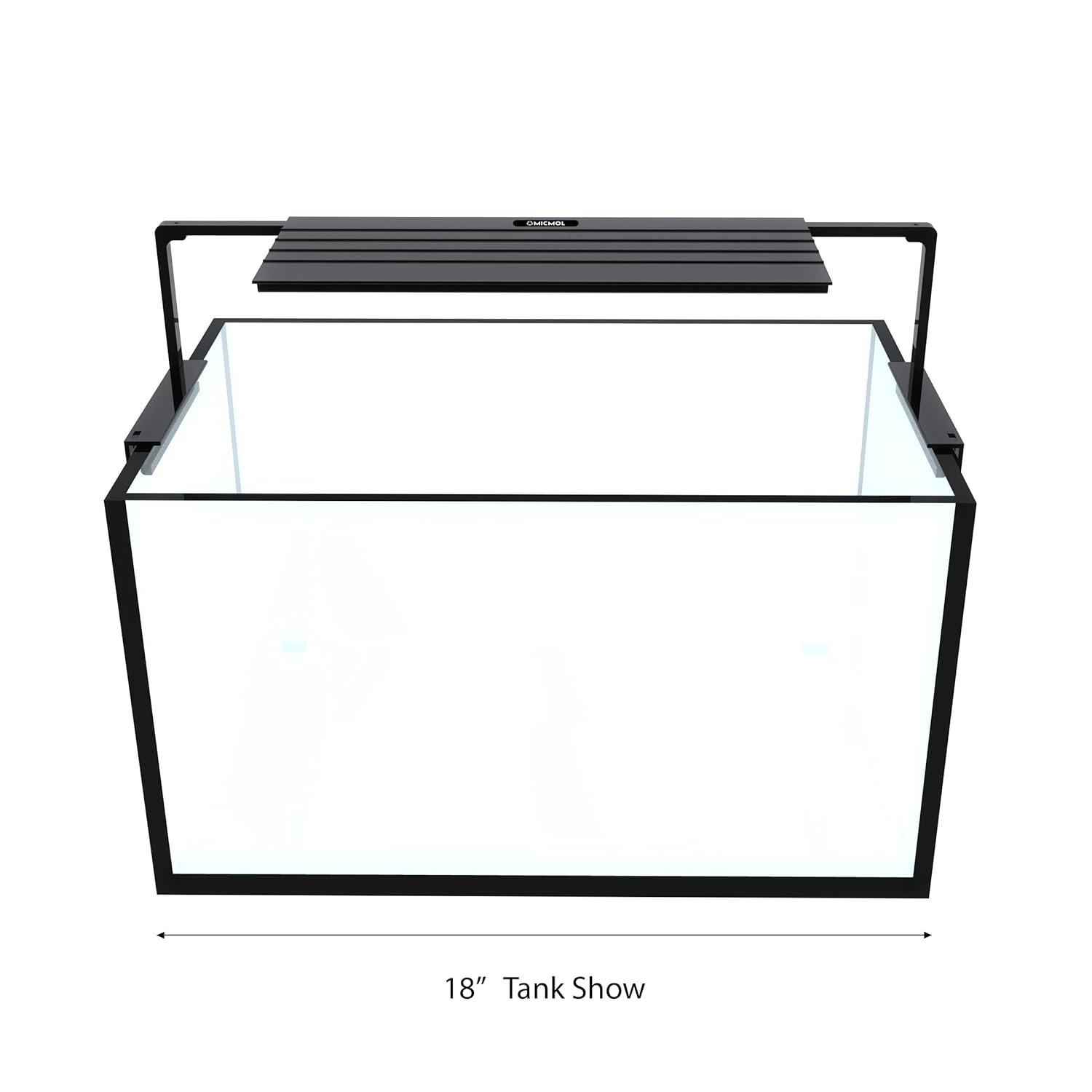 Front view of the MICMOL Aqua Air AA-300 light installed on an 18-inch aquarium, demonstrating how the adjustable bracket sits on the tank edges.