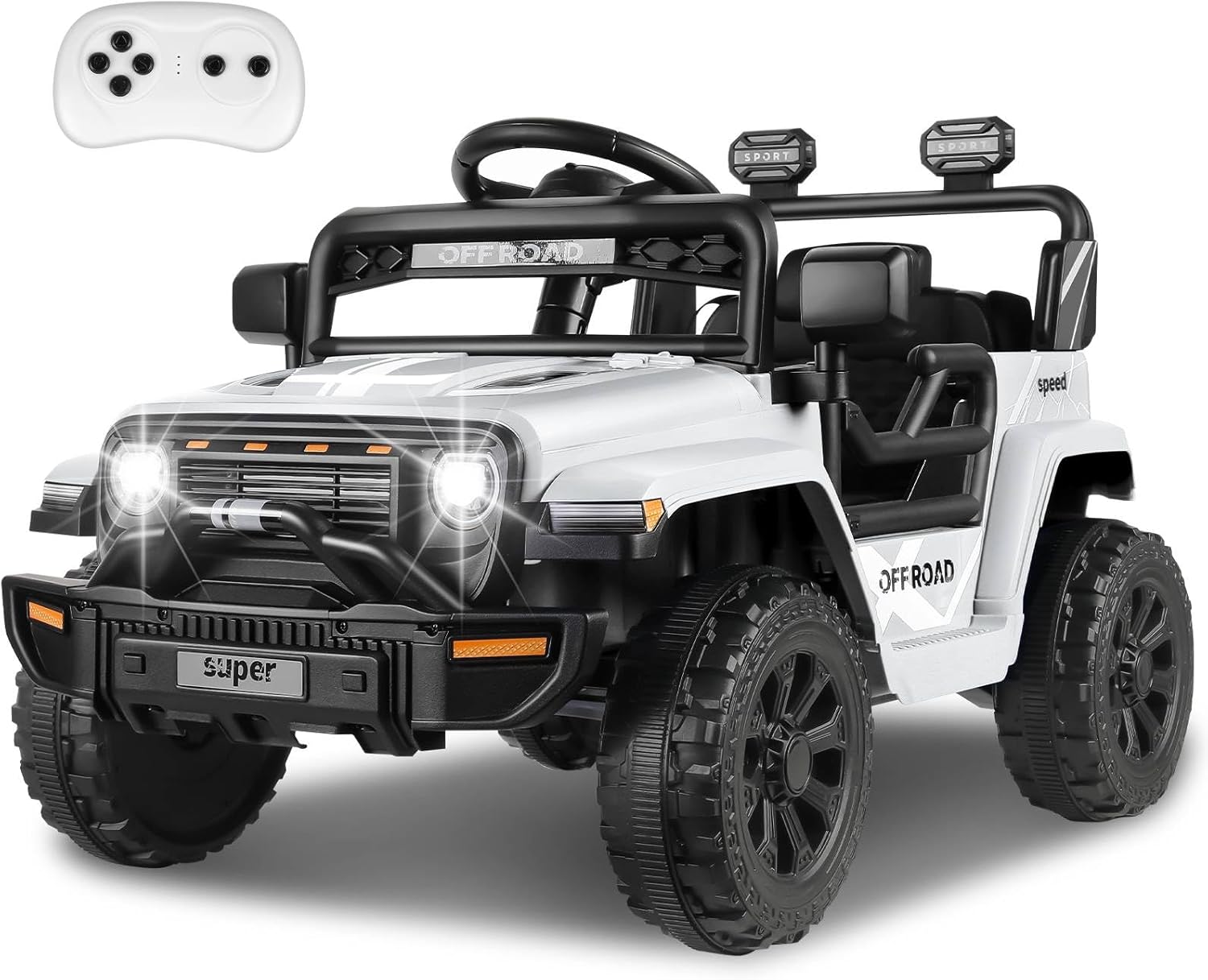 Hikole 12V Kids Ride on Car with Parent Remote Control, Electric Truck Car Toys Gift for Toddler Boys Girls Ages 3-8, Spring Suspension, Safety Belt, Music Player, 3 Gear Shift, LED Light, White