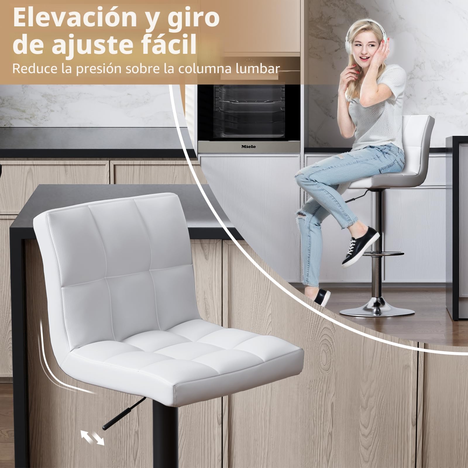 bigzzia Lote de 2 taburetes de Bar giratorios en Cuero sintético Ajustables en Altura con Respaldo para desayunador, mostrador, Cocina y hogar - Blanco