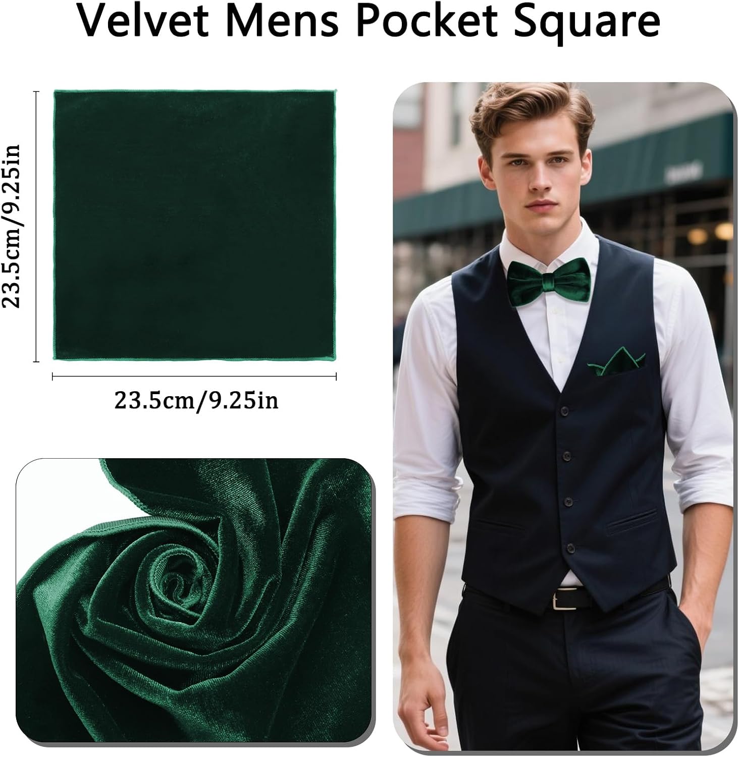 Velvet Bow Ties for Men with Mens Pocket Squares Set, Adjustable Pre-tied Men's Bowties for Wedding Party Concert