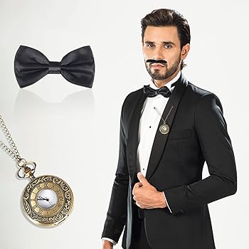 Set Accessori Anni 20 Uomo ZOCONE - Cappello Panama, Bretelle, Orologio Tasca, Baffi, Farfallino - Foto 4