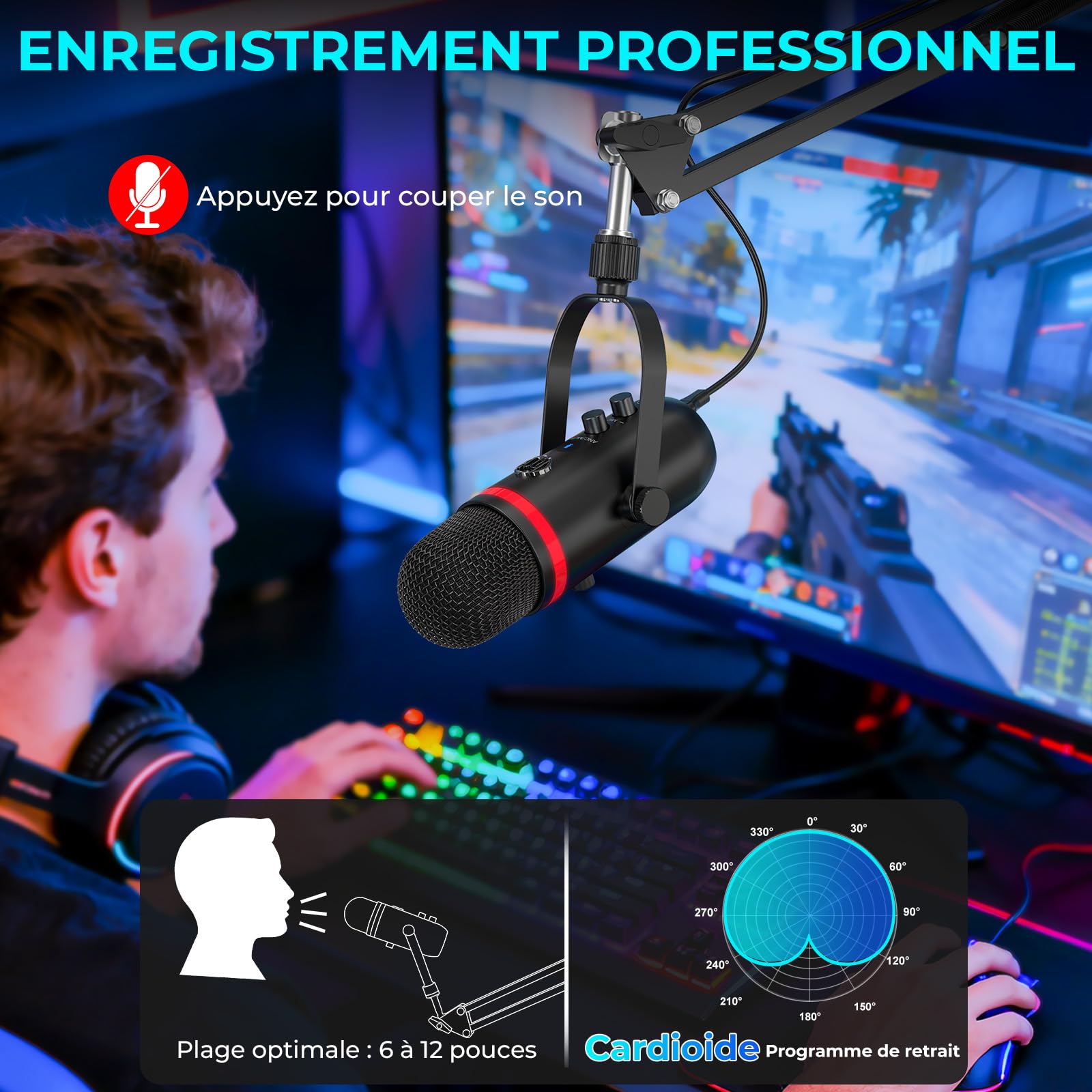 zealsound RGB Micro Gaming avec Bras, et Réduction de Bruit pour PC Telephone PS4/5, USB Microphone à Condensateur pour Podcast, Streaming, Twitch, Youtube, Discord, aevc Bouton de Silence et Gain