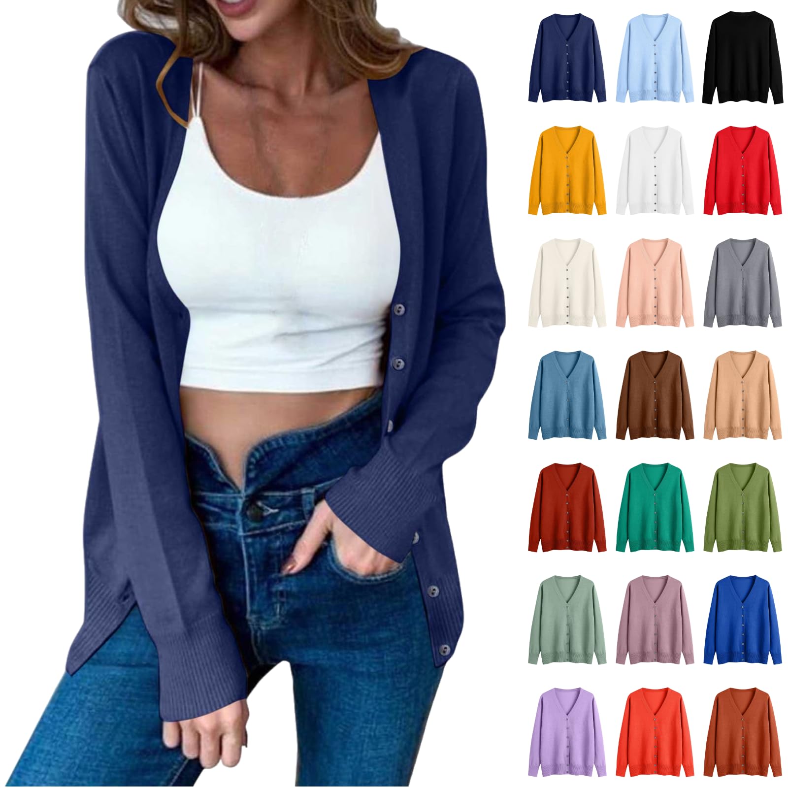 Womens Button Down Cardigan Sweaters Lightweight Long Sleeve Casual V Neck Soft Knit Cardigans Tops Fall Clothes