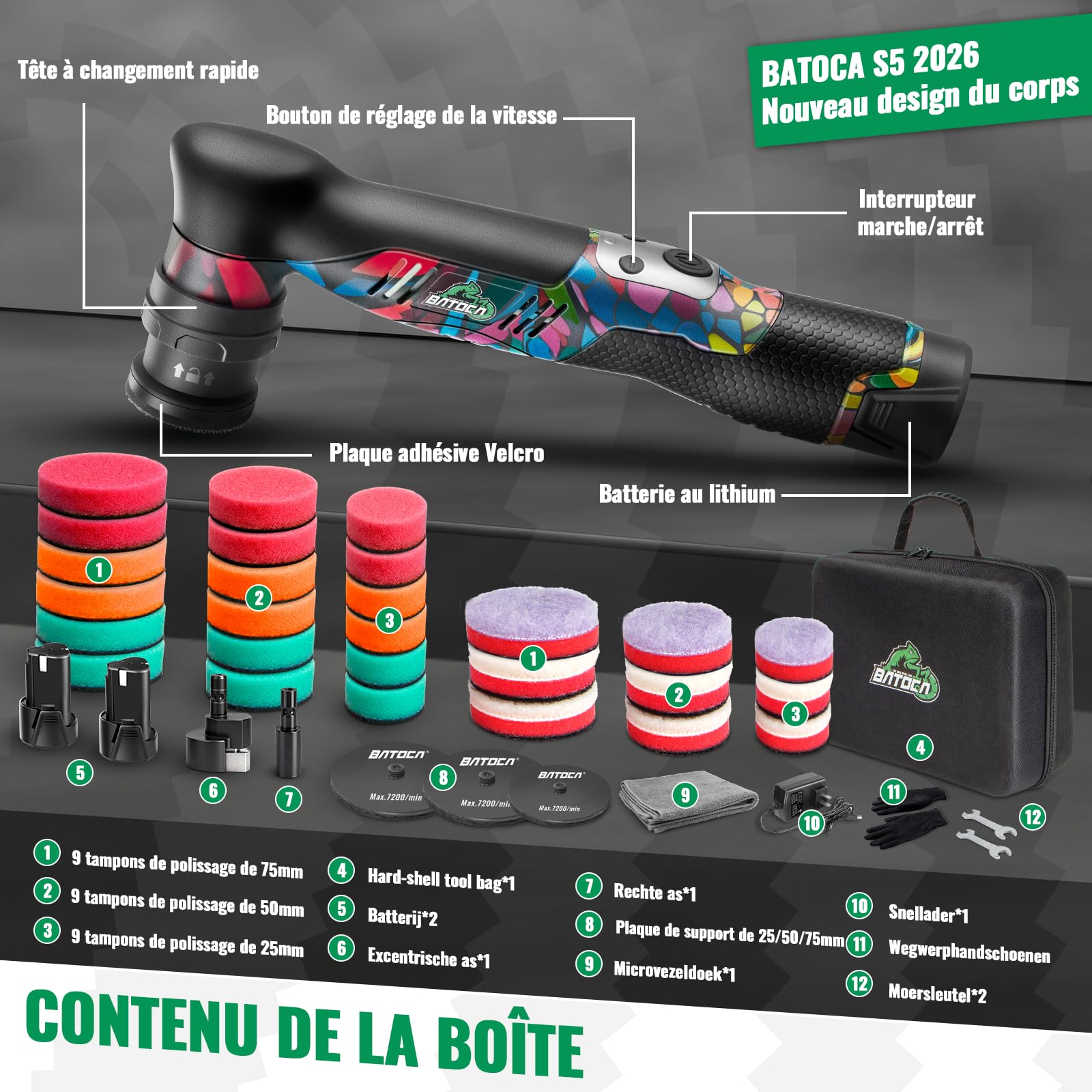 BATOCA S5 Mini Polisseuse Voiture Sans Fil Polisseuse Orbitale et Rotative | Pour Voiture Kit Polissage Voiture Kit de Disques de Polissage 25/50/75mm lot de 2 Batteries 12V 6 Vitesses 2000 à 5500tr/min