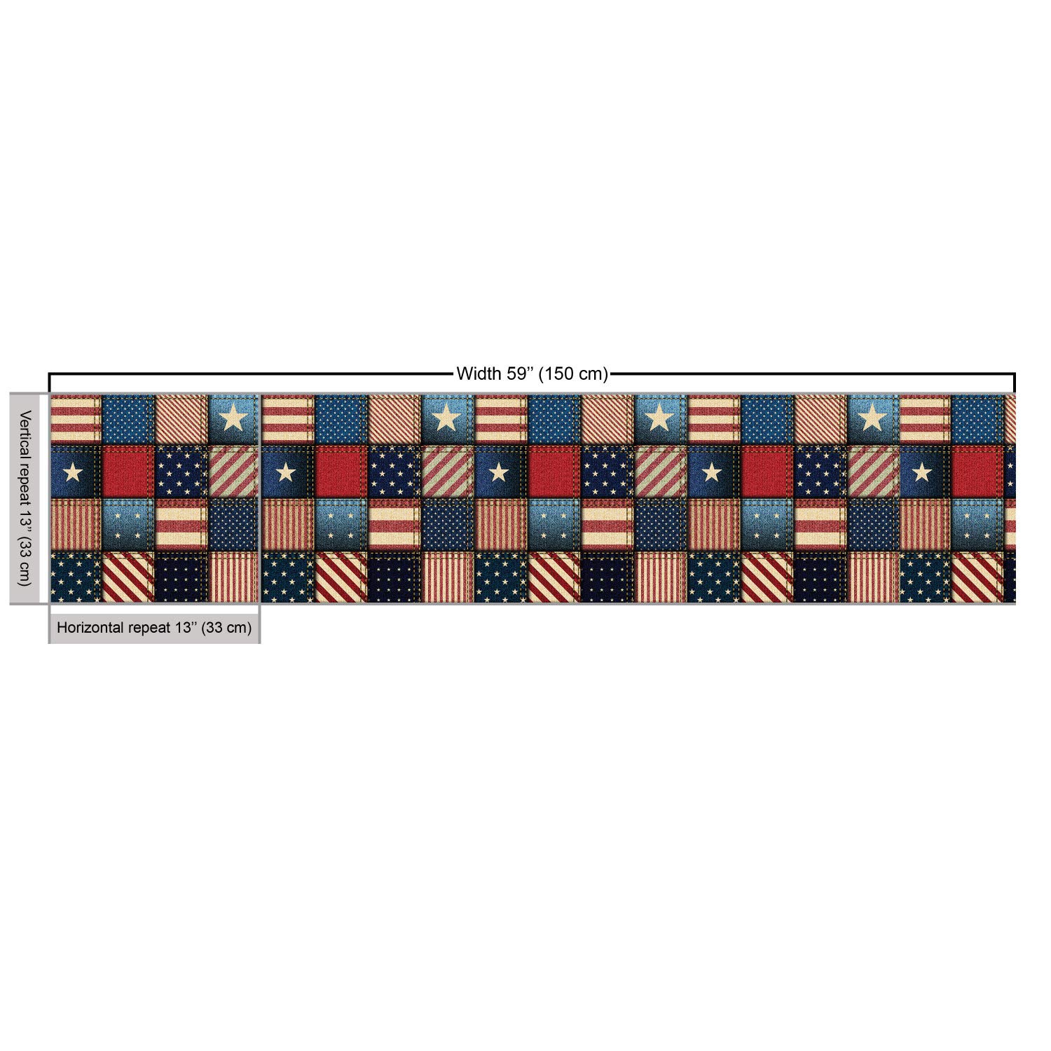 The Yard, tessuto con bandiera americana, patchwork con strisce verticali e orizzontali e forme a stella, tessuto decorativo per tappezzeria e accenti per la casa, 5 m, rosso blu