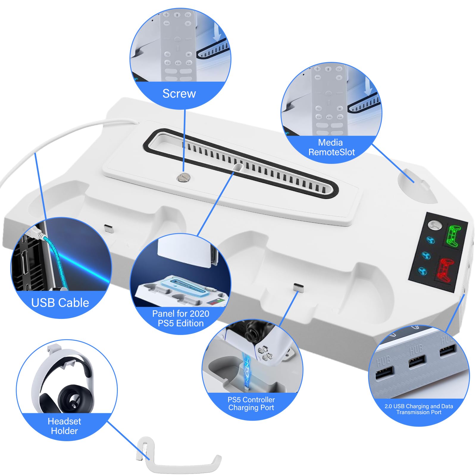 Soporte para PS5/PS5 Slim/PS5 Pro con ventilador de 3 niveles y 3 puertos USB adicionales, soporte PS5, estación de carga integrada para controlador PS5 con indicador LED y soporte para auriculares