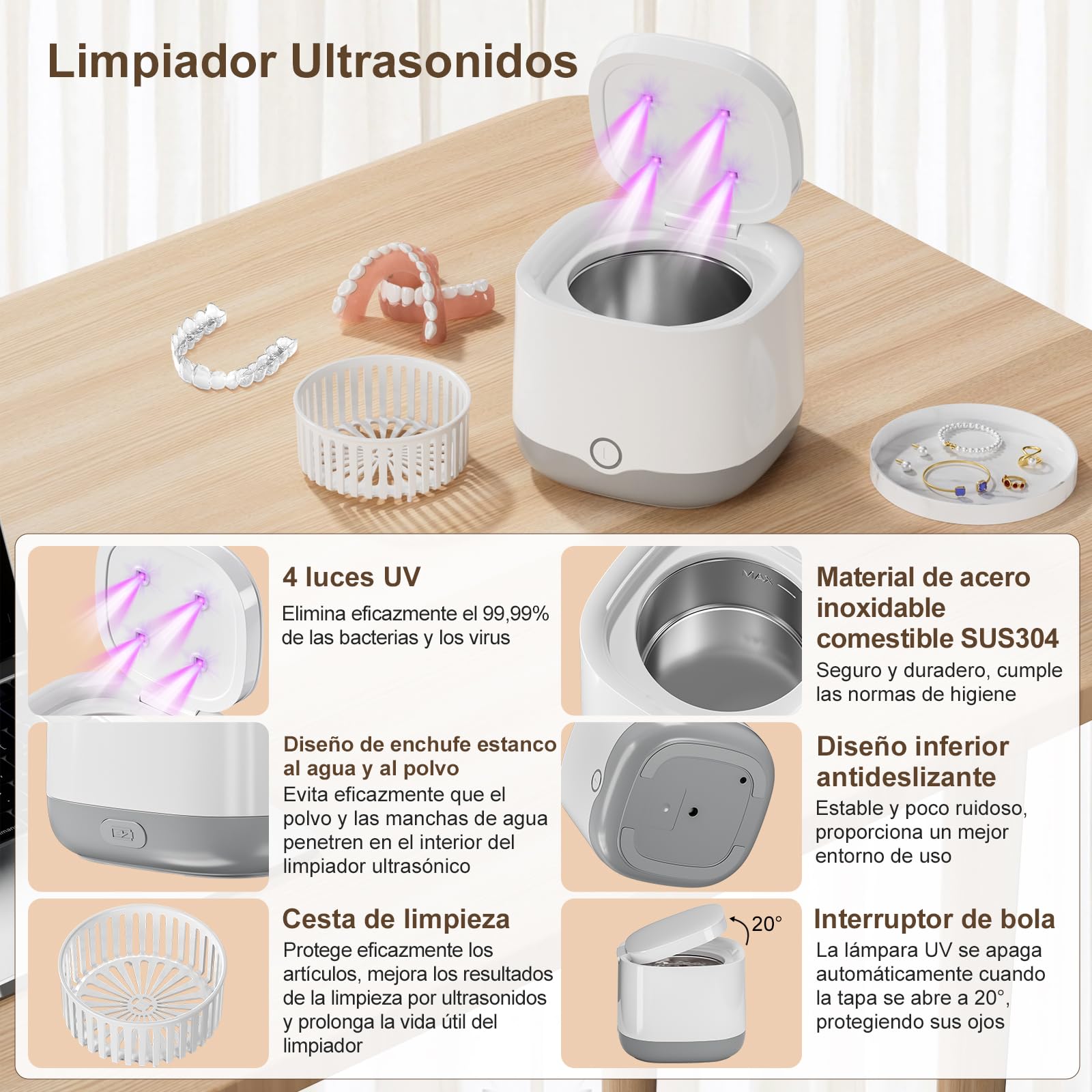 Limpiador Ultrasonidos Portátil 45000Hz con Luz UV | 24W 200ml | Para Prótesis Dentales, Retenedores, Alineadores, Férulas, Joyas | Cámara de Limpiador Ferula Dental