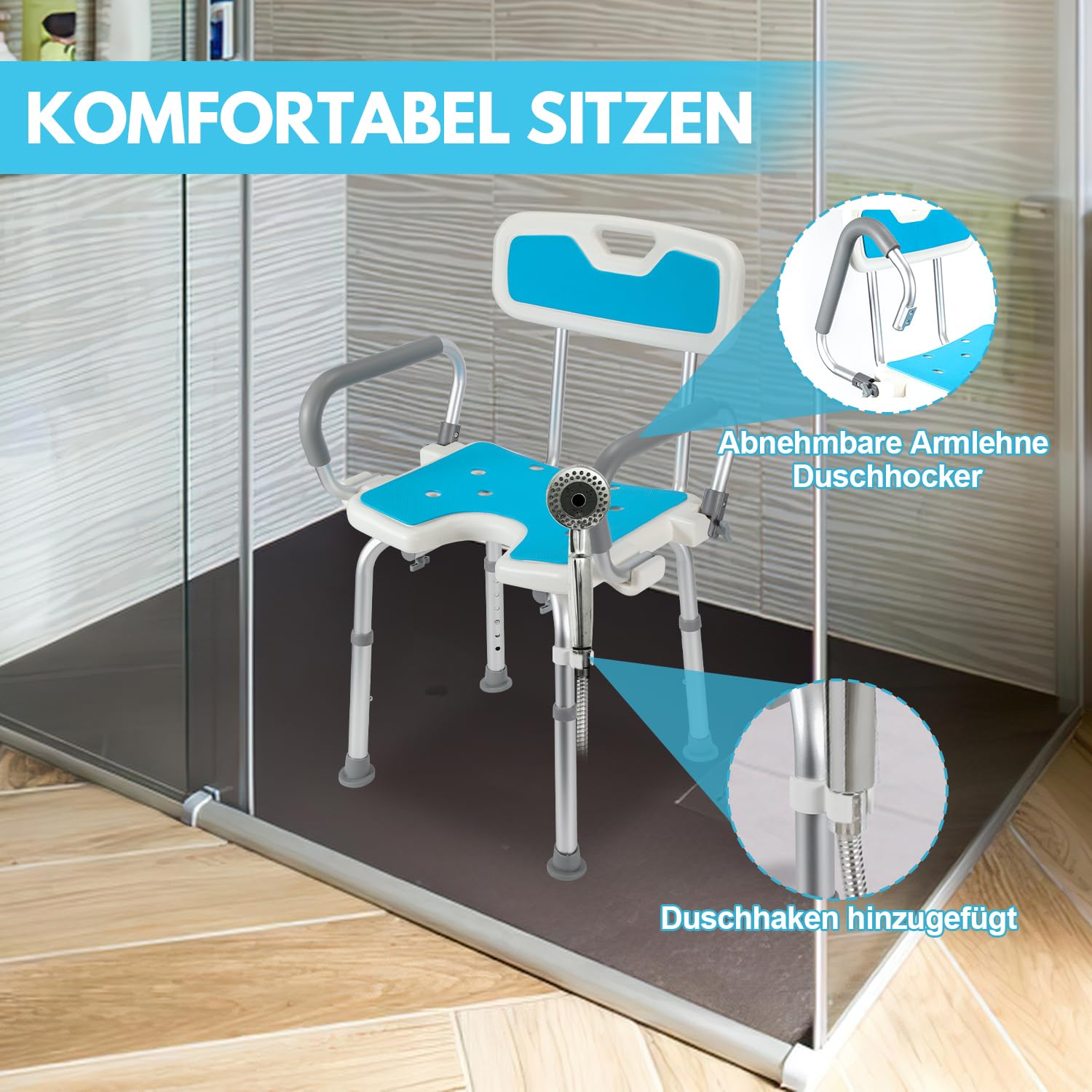 Silla de ducha para personas mayores, taburete de ducha antideslizante, taburete de baño con reposabrazos y respaldo ajustables, altura ajustable 73-86 cm, ayuda para la ducha para embarazadas,