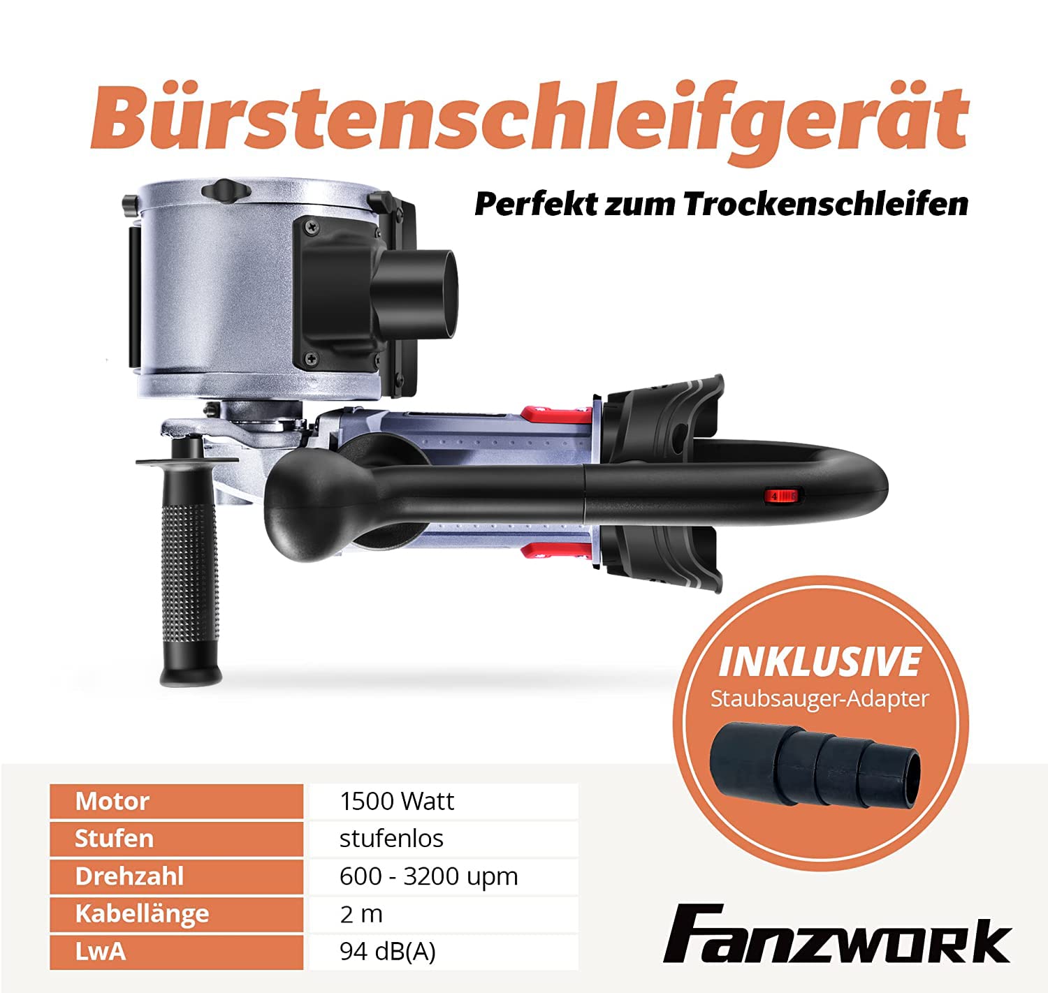 FANZWORK V2 1500 Watt Satiniermaschine Schleifmaschine Bürstenschleifgerät zur Renovierung von Oberflächen, mit Staubsaugung-Anschluss, Drehzahlregelung, Kugelgriff, Stahldraht & Nylon Bürste