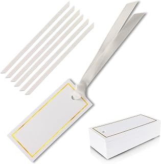 50 Pcs Name Place Cards for Table Setting, 1.6x3.6 inch Gold Foil Table Name Cards with Ribbon, Gift Tag for Wedding Dinner Party Supplies (Beige)