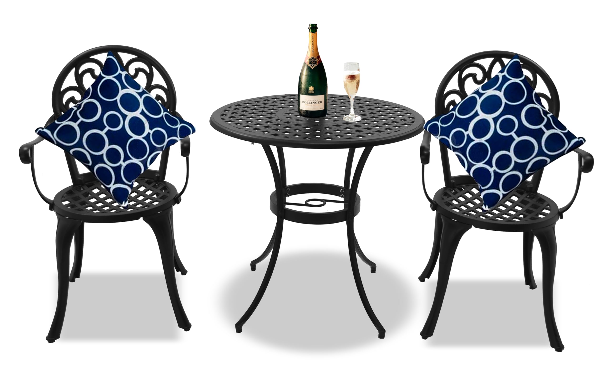 Homeology PREGO Garden & Patio Table & 2 Large Chairs with Armrests Cast Aluminium Bistro Set - Black