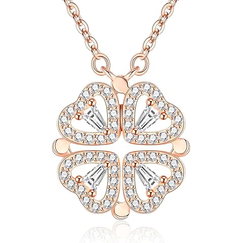 925 Sterling Silver Four-Leaf Clover Necklace for Women, Clover Pendant with Sparkl...