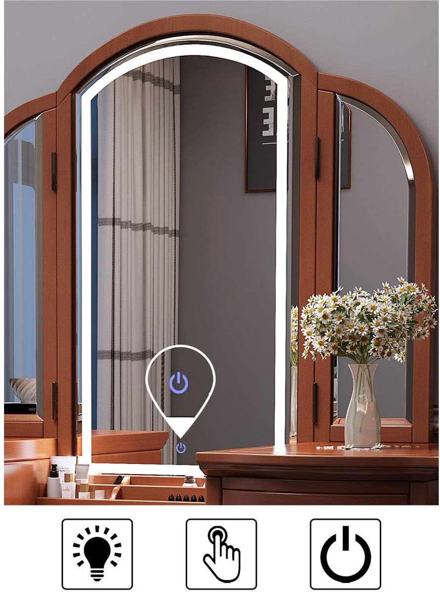 Dressing Table Bedroom Multifunctional Vanity Table Set 3 Folding Mirror Solid Wood Make-Up Table with Make-Up Stool Multiple Storage Drawers White