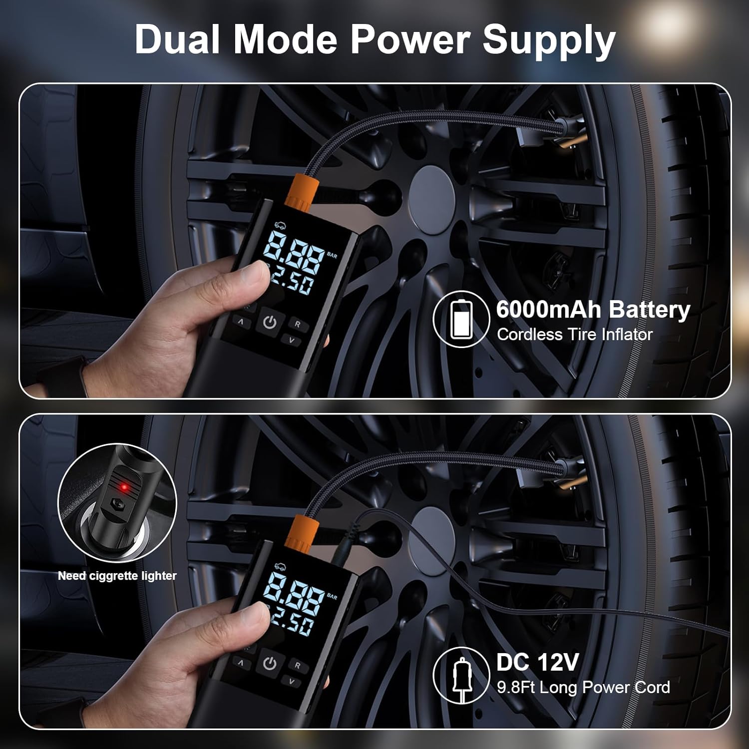 DCV Tire Inflator Portable Air Compressor, 150 PSI Air Pump for Car Tires with Digital Tire Pressure Gauge, LED Lights, Cordless Tire Pump for Cars, Bike & Motorcycle Tires, Balls, Black