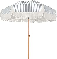 AMMSUN 7ft Fringe Patio Umbrella with Tassels, UPF50+ UV Protection, Steel Pole & Ribs, Push Button Tilt - Navy Blue Stripes