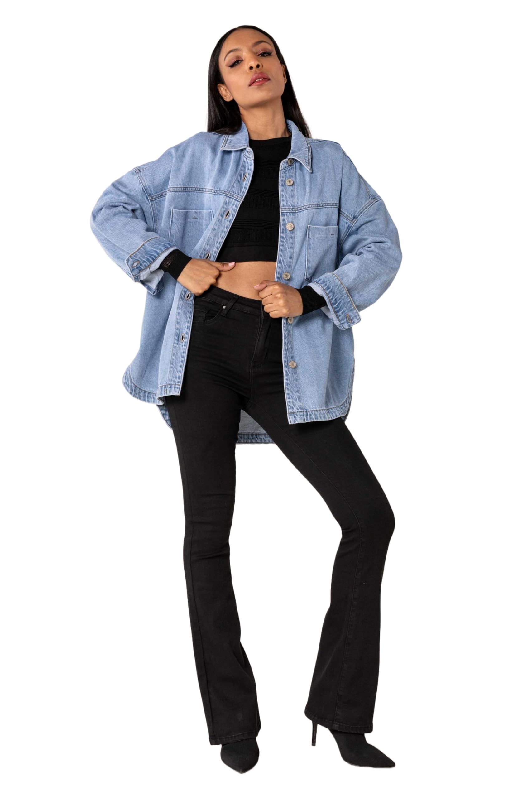 Nina Carter S539 Camisa vaquera de gran tamaño para mujer, chaqueta vaquera ligera, chaqueta de entretiempo, chaqueta de camisa con efecto de lavado, aspecto desgastado, informal