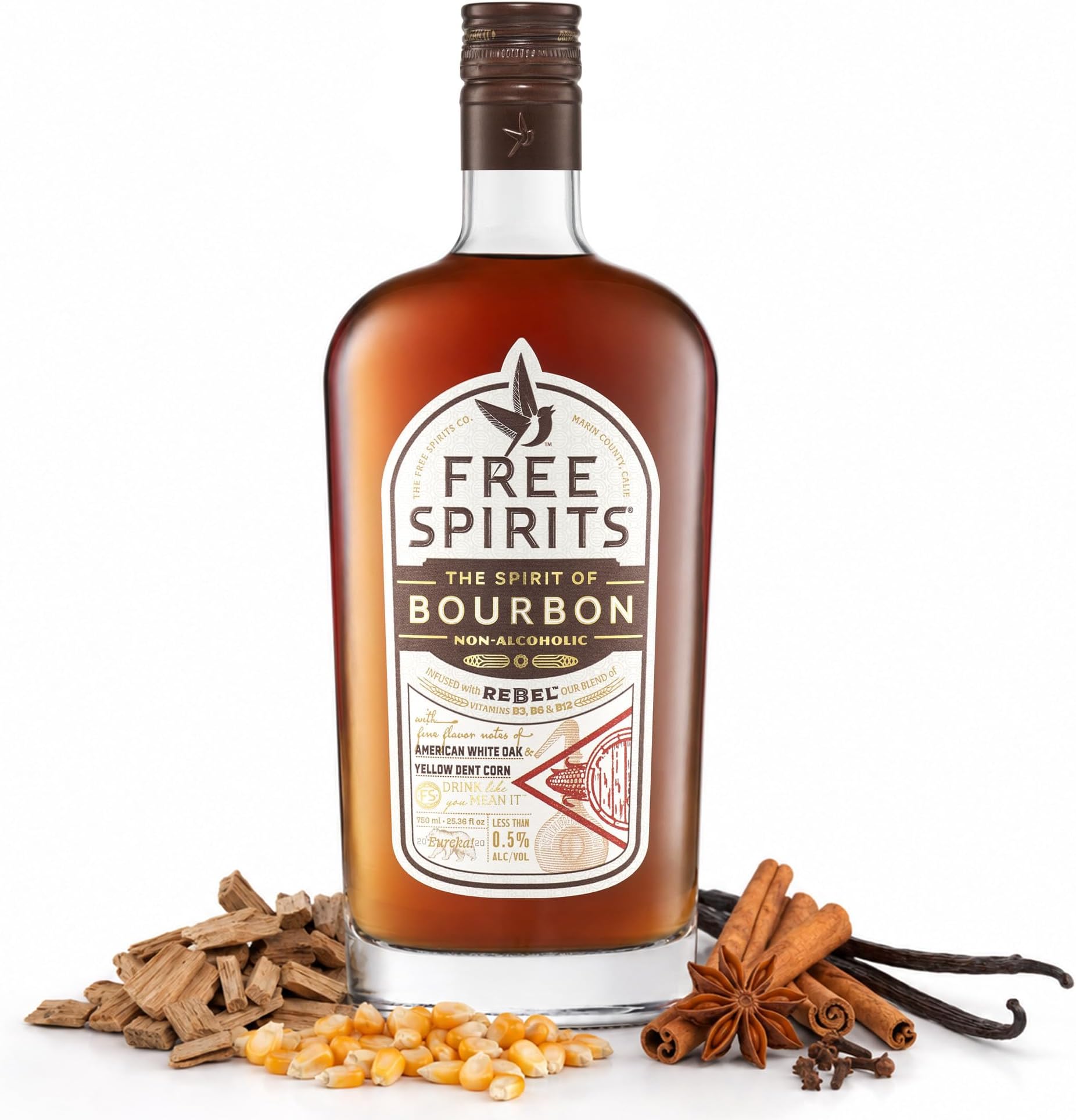 Free Spirits Zero Proof Bourbon Alternative, Award-Winning Whiskey Style Non-Alcoholic Spirit for Mocktails, Made In The USA, Packaging May Vary, 750 mL
