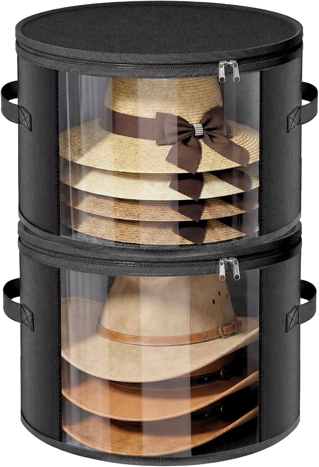 Ofiray-home 2 Pack Large Clear Hat Storage Boxes, Hold up to 7-9 Hats | Hat Organizer for Closet, Sturdy & Foldable, Hat Box with Carrying Handles for Round Brim, Wide-Brim, Cowboy, Sun Hat, Black