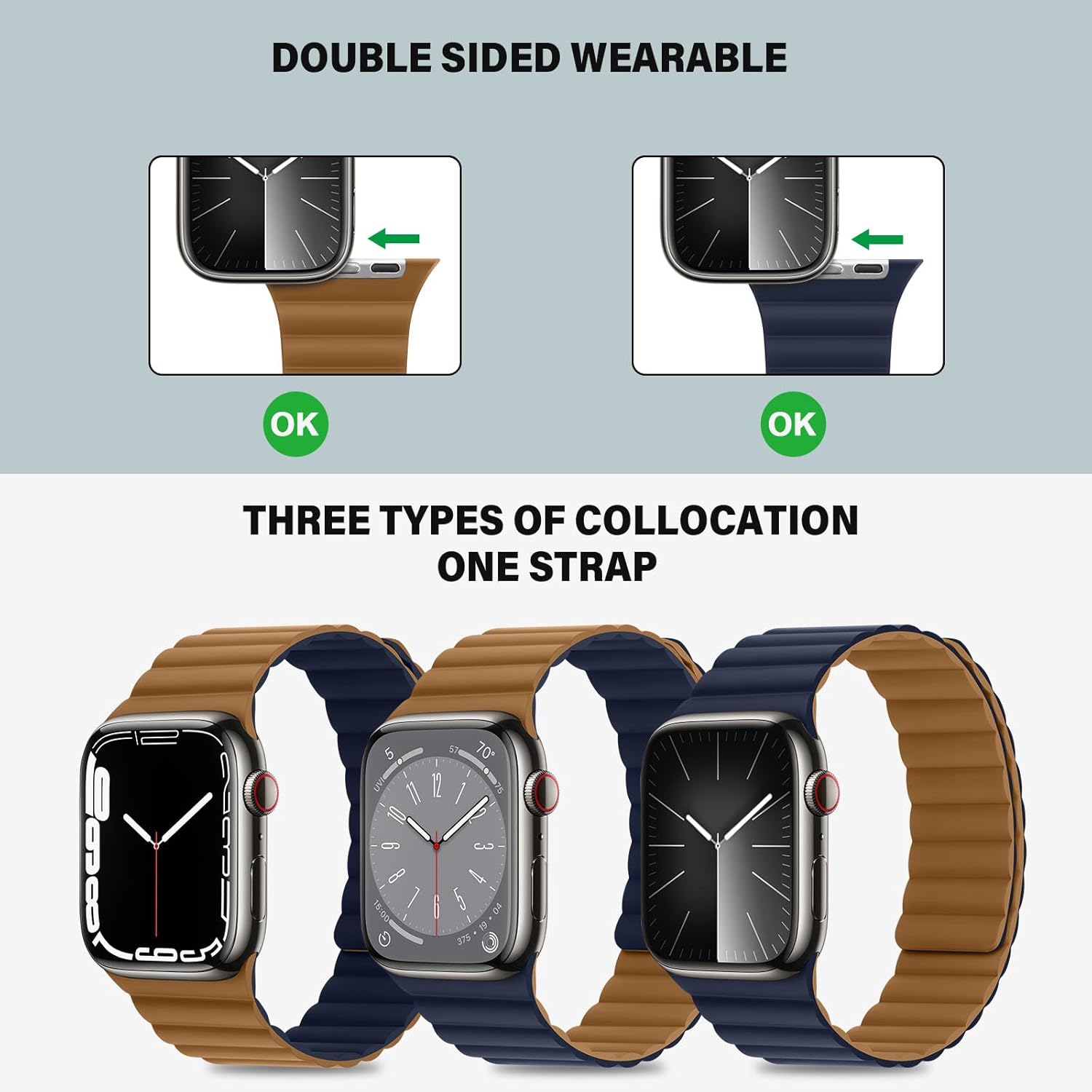 Compatible with Apple Watch Band 49 46 45 44 42 41 40 38mm, Double Sided Wearable Silicone Magnetic Strap for iWatch Ultra SE Series 11 10 9 8 7 6 5 4 3 2 1 (38/40/41/42, Brown/Indigo) - Image 3