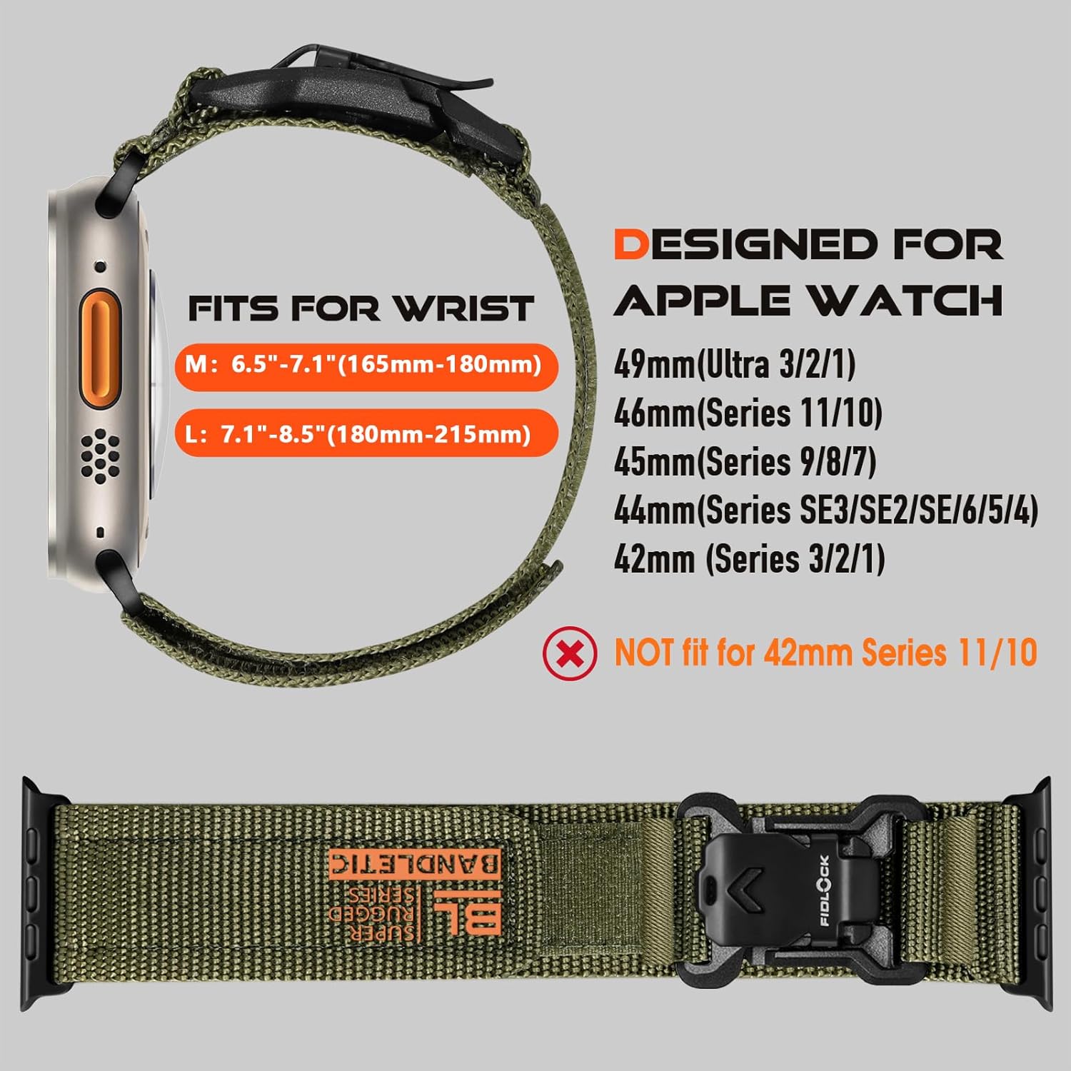 bandletic compatible with apple watch ultra 2 band - for men, rugged sport loop with magnetic fidlock v-buckle for iwatch 49mm(ultra 3/2/1),46mm(11/10),45mm(9/8/7),44mm(se3/se2/se/6/5/4),42mm(3/2/1) army green 49mm/46mm/45mm/44mm/42mm(3/2/1) l