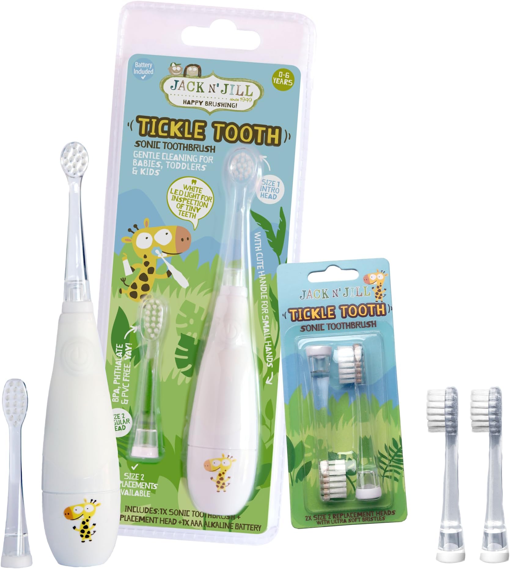 Tickle Tooth Sonic Electric Toothbrush for Kids, Babies, and Toddlers Combo Pack with Replacement Head 2-Pack