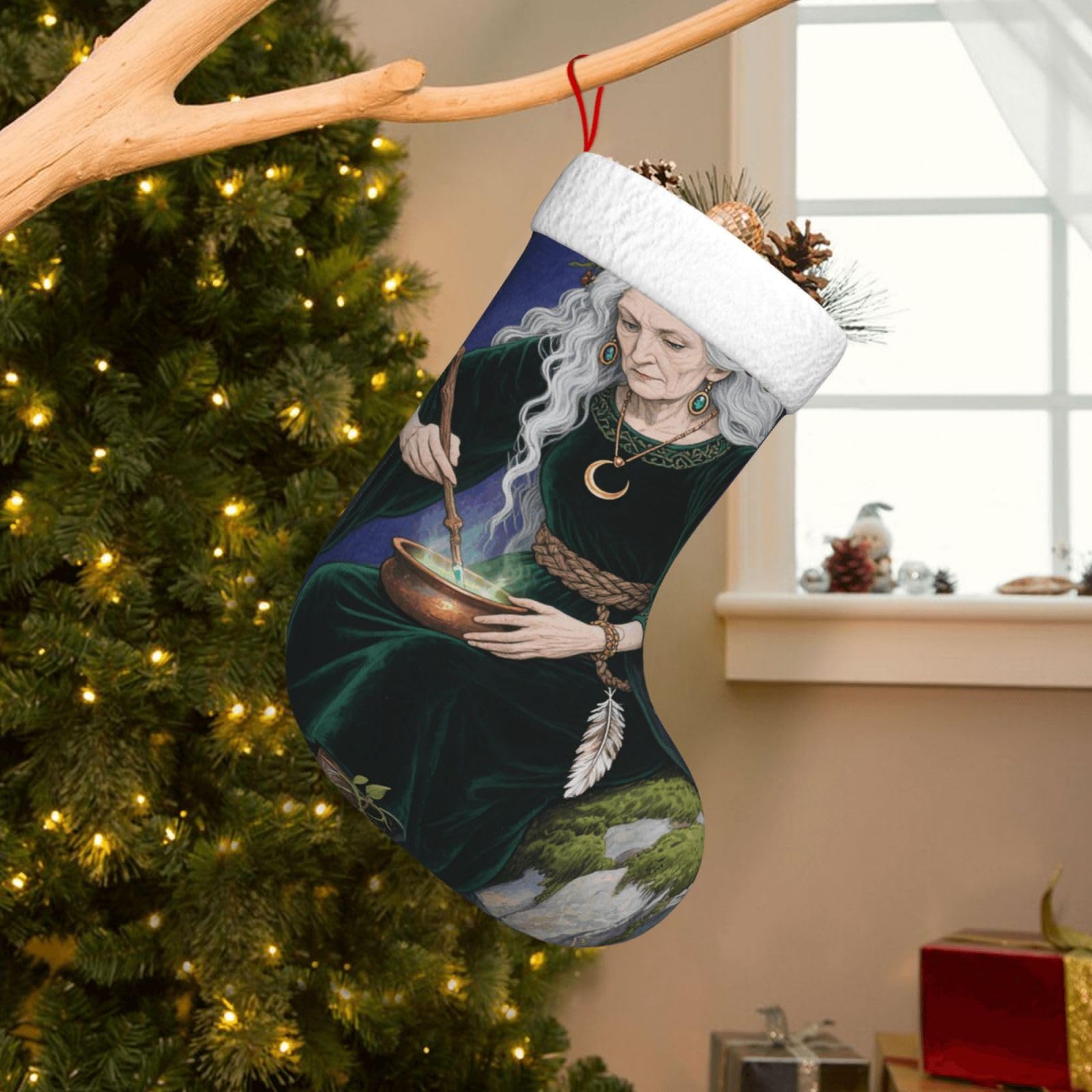 Velvet Christmas Stockings 17.7 Inch, Forest Witch Xmas Stocking with Soft Cuff,Classic Personalized Christmas Tree Decoration for Family Holiday New Year Party Supplies