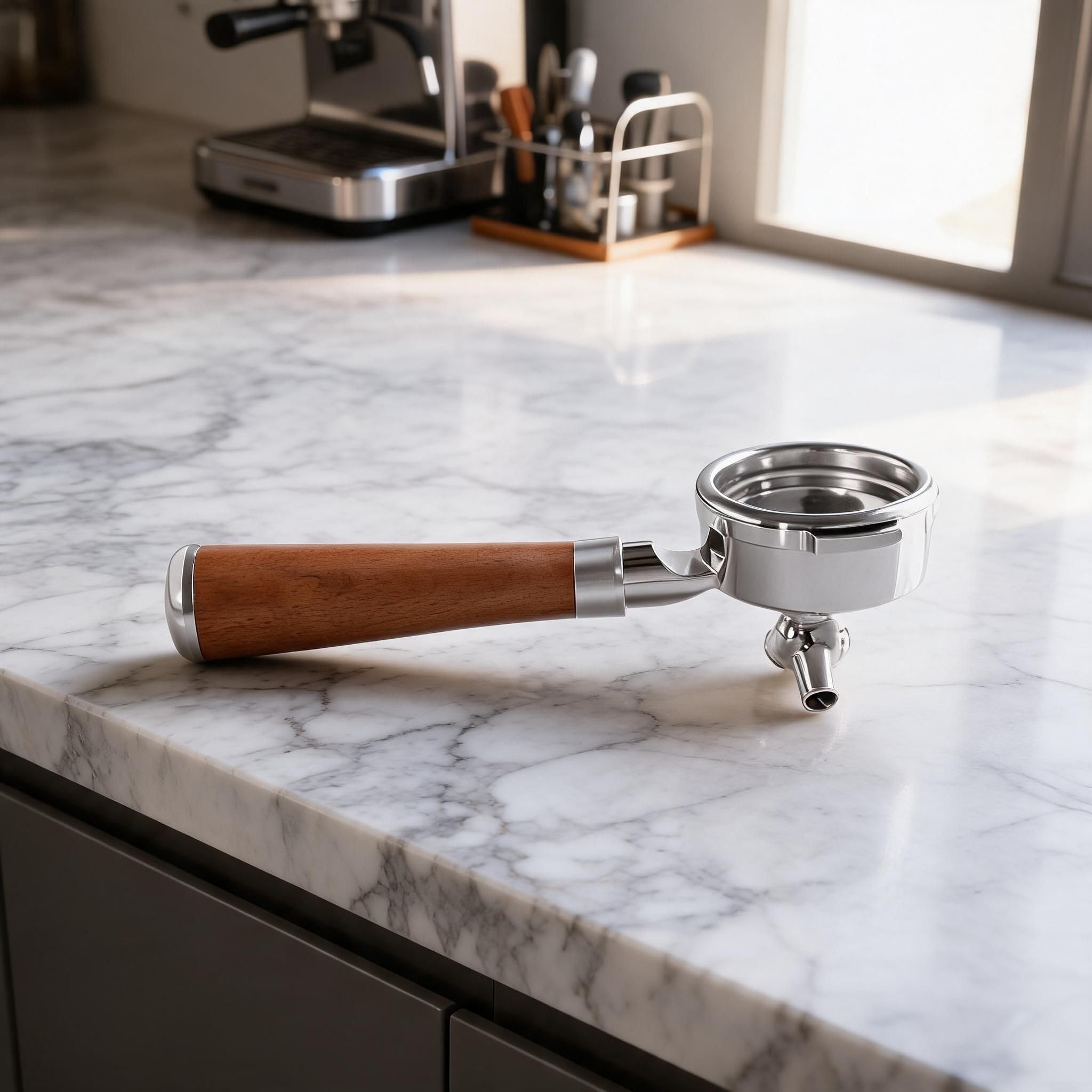 Portafiltro desnudo de 58 mm, 225 mm de longitud, doble boquilla (B) | Se adapta a la serie Breville 9, cabezal de grupo de 58 mm, rico para extracción de crema, comodidad de mango de madera