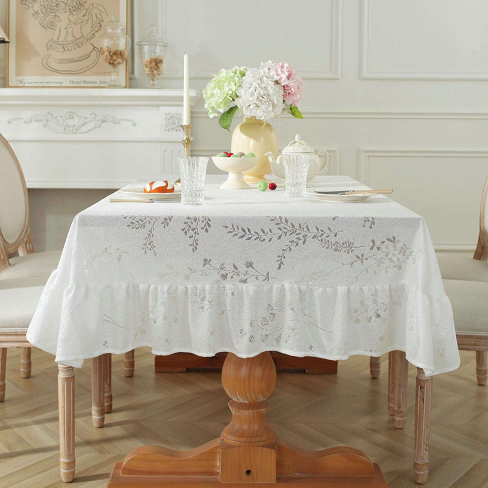 Gualiy Mantel de Mesa Rectangular Poliester, Mantel de Mesa 140 x 300 cm Manteles de Mesa Antimanchas Hojas Estampadas con Borde Ondulado Mantel para Mesa Comedor, Blanco