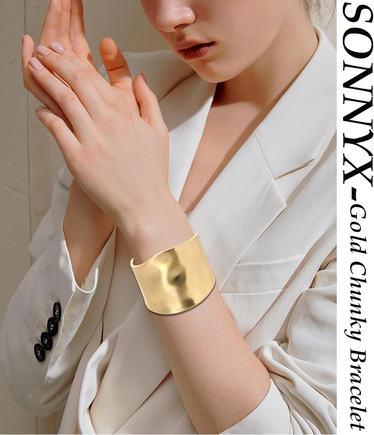 SONNYX Gold Chunky Bangle Bracelets Trendy Hinged Cuff Open Wide Chunky Gold Bracelet Hammered Wrist Cuff Wrap Bracelet for Women - Image 2