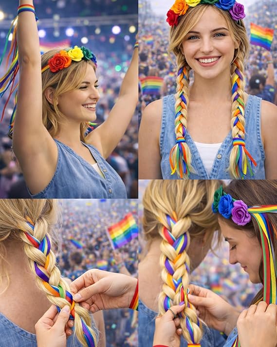 Oiomniv Rainbow Flower Headband Set with Ribbons and 2 Wristbands