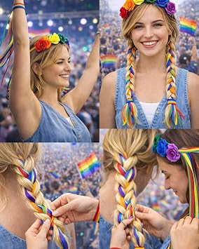 Oiomniv Rainbow Flower Headband Set with Ribbons and 2 Wristbands