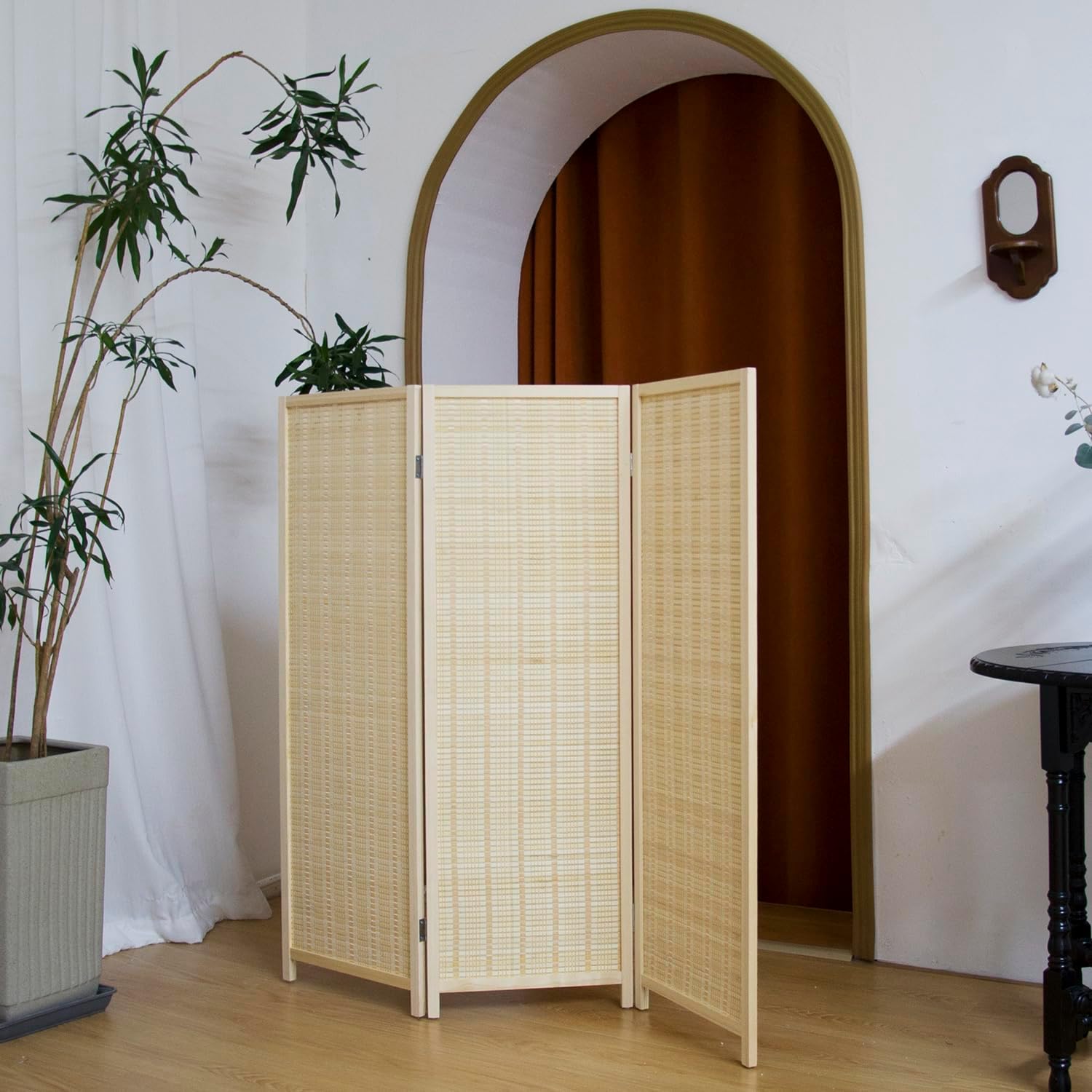 3 Panel Short Panel Divider Screen,3.95 FT Tall Bamboo Room Divider Folding Privacy Screen,Short Panel Divider Freestanding Room Divider for Room Seperation,Beige Beige 3 Panel