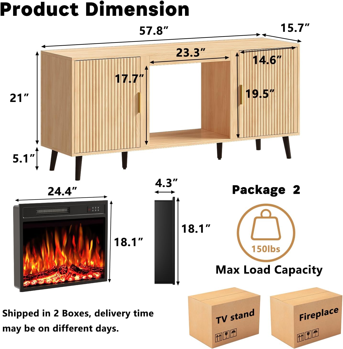 PRETZI 58" Fluted Fireplace TV Stand, Mid Century Entertainment Center with 23" Electric Fireplace, Media Console with Wood Leg & Adjustable Shelves for TVs Up to 65" for Living Room, Natural Wood