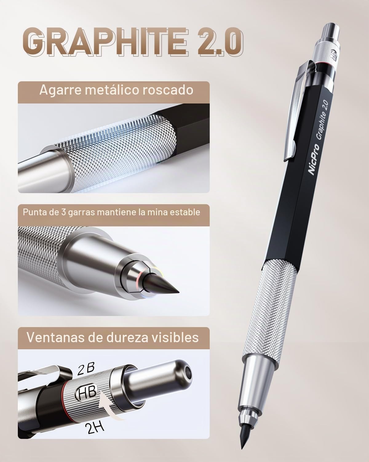 Nicpro 6 Piezas Lápices Mecánicos arte en Estuche Cuero, 0,5mm 0,7mm 0,9mm y 3 piezas 2 mm Portaminas con Recarga minas de Lápiz 16 Tubos (Negro 6B 4B 2B HB 2H 4H y Colores Minas)