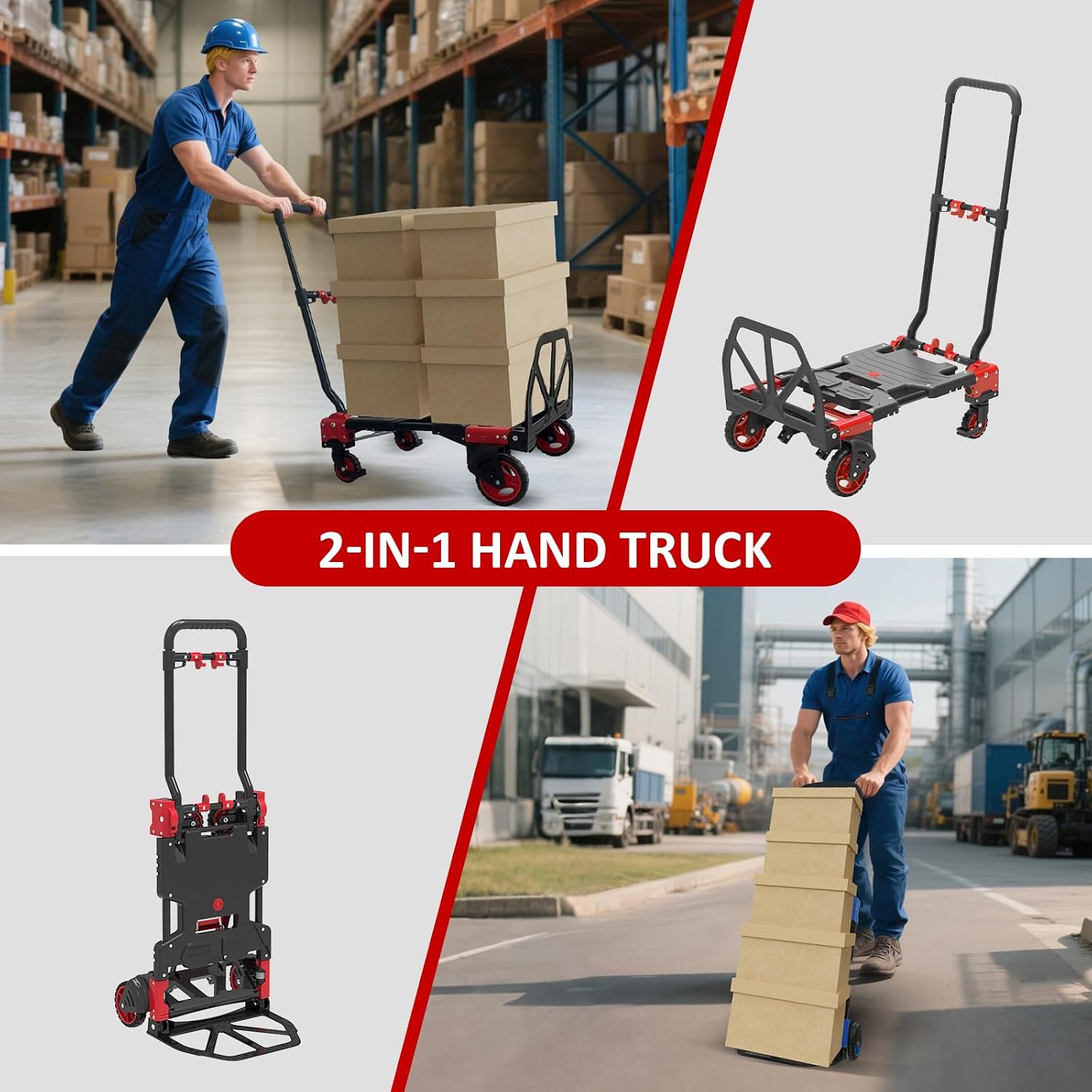 2-in-1 Folding Hand Truck Dolly 330LB Load Carrying,Hand Truck Foldable Dolly with Retractable Handle and 4 Rubber Wheels,Portable Folding Hand Cart for Shopping,Moving,Office