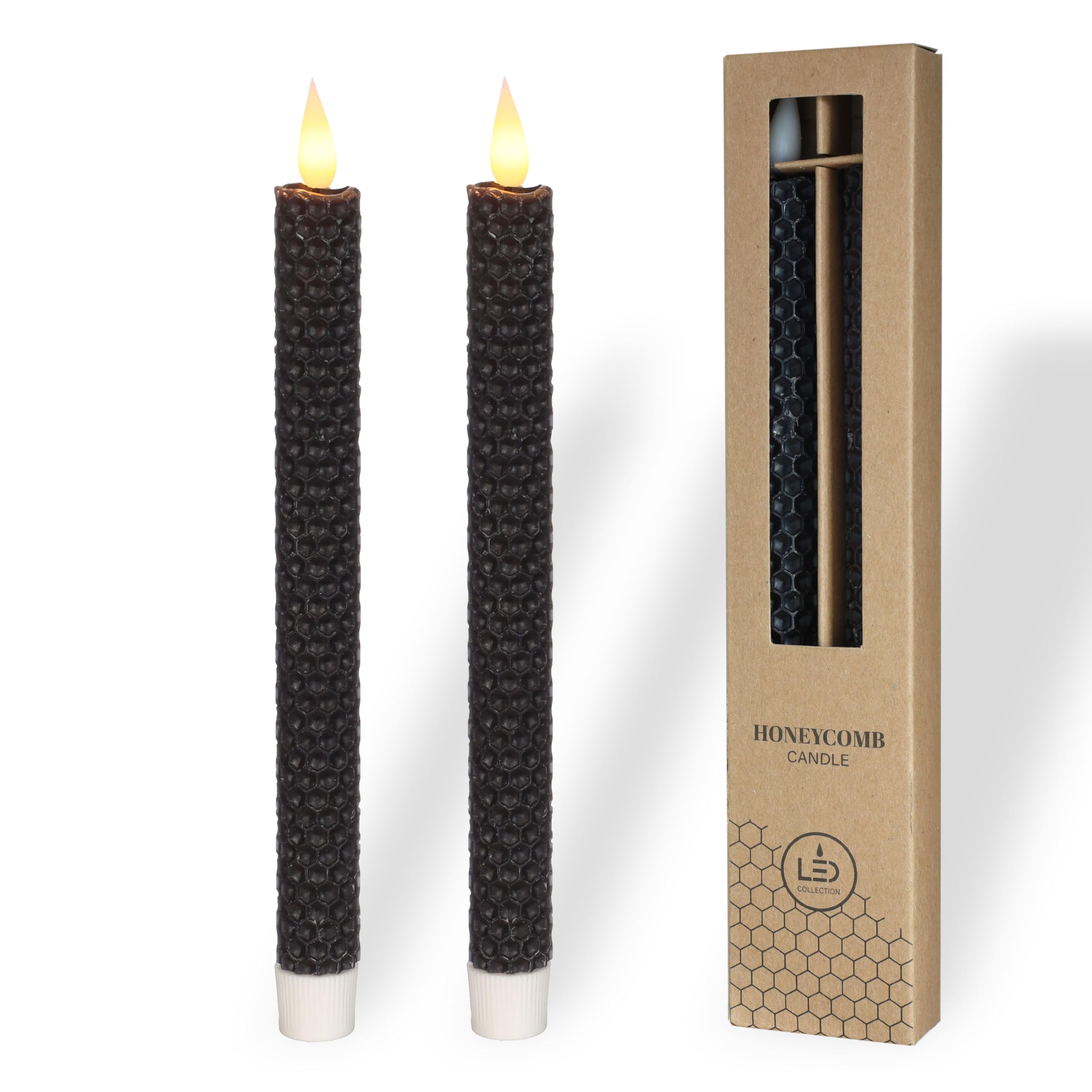 Comforder Black Real Wax Led Candles With Flickering Flame (Set Of 2), Electric Taper Candles With Timer Function, Honeycomb Look. (Black)