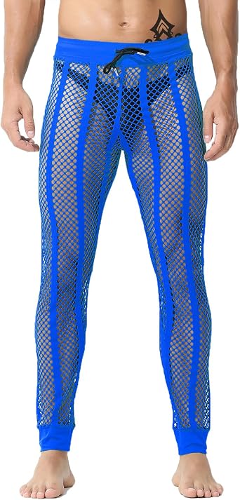 JINSHI Mens Fishnet Pants Sexy Mesh See Through Drawstring Fitted Lounge Pajama Bottom Male Muscle Legging Swimwear M 3XL