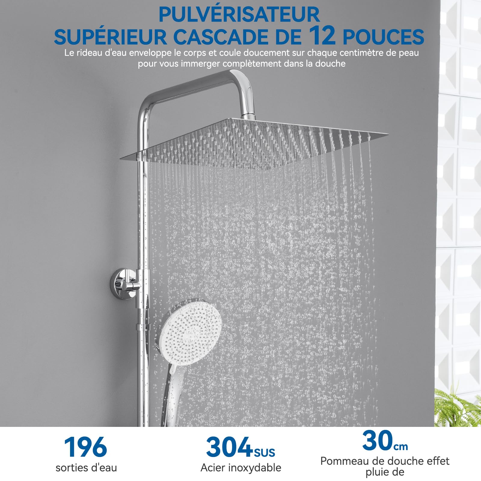 Auralum Colonne de Douche avec Mitigeur Thermostatique, Douche Pluie en Acier Inoxydable 30 x 30 cm, Douchette à 5 Modes, Barre de Douche Extensible (Chromé)