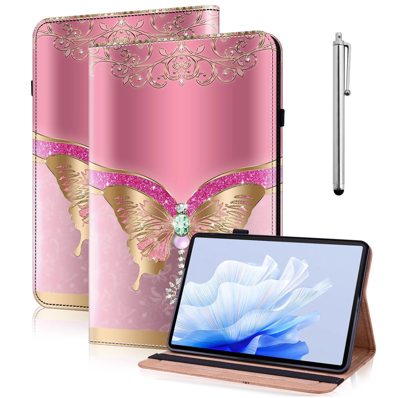 TUOLISG Hülle für Lenovo Tab Plus 11.5 Zoll 2024 mit Stifthalter,Dünne Leichte PU Leder Tablethülle für Lenovo Tab Plus 11.5'' TB351FU mit Kartenschlitz-Rosa Schmetterling