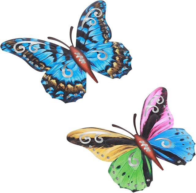 2 PCS Metal Garden Butterfly Wall Art Hanging Large Butterfly Decoration Outdoor Garden Butterfly Ornaments Fence Hangers Butterfly Wall Sculptures For Indoor Sheds Walls Fences Home Patio Yards