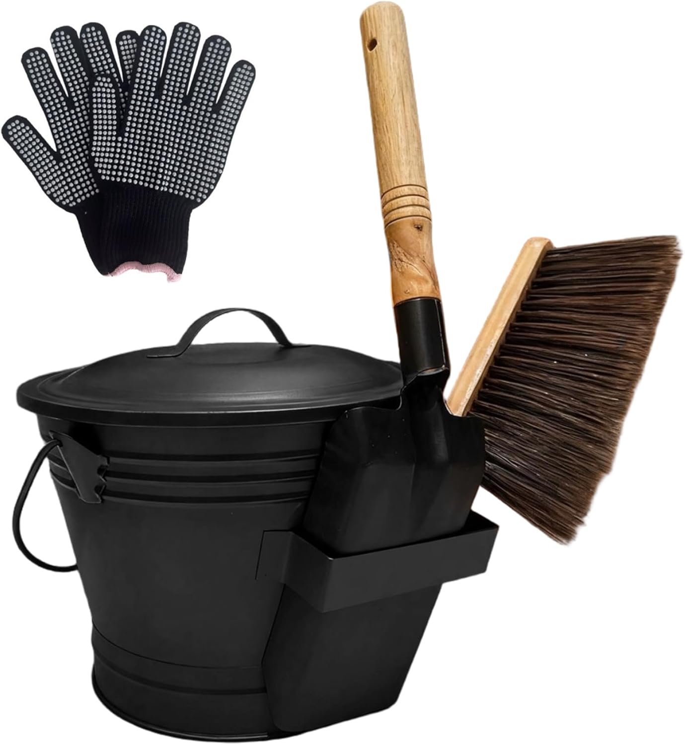 Fireplace Ash Bucket 4PCS/Set Metal Ash Bucket with Lid, Shovel, Broom and Gloves for Fire Pits, Hearth, Wood Stoves with Lid and Shovel, with, Fireplace