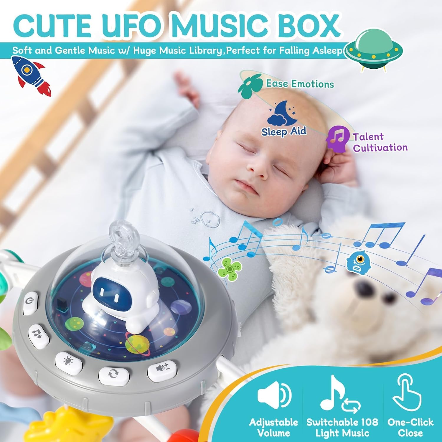  Musical Bassinet Toys for Baby, Adjustable Stroller Arch Toy, Bouncer Toy Bar, Baby Mobile, Hanging Toys for Crib & Car Seat, Supports Baby's Motor & Sensory Development, Space thumbnail
