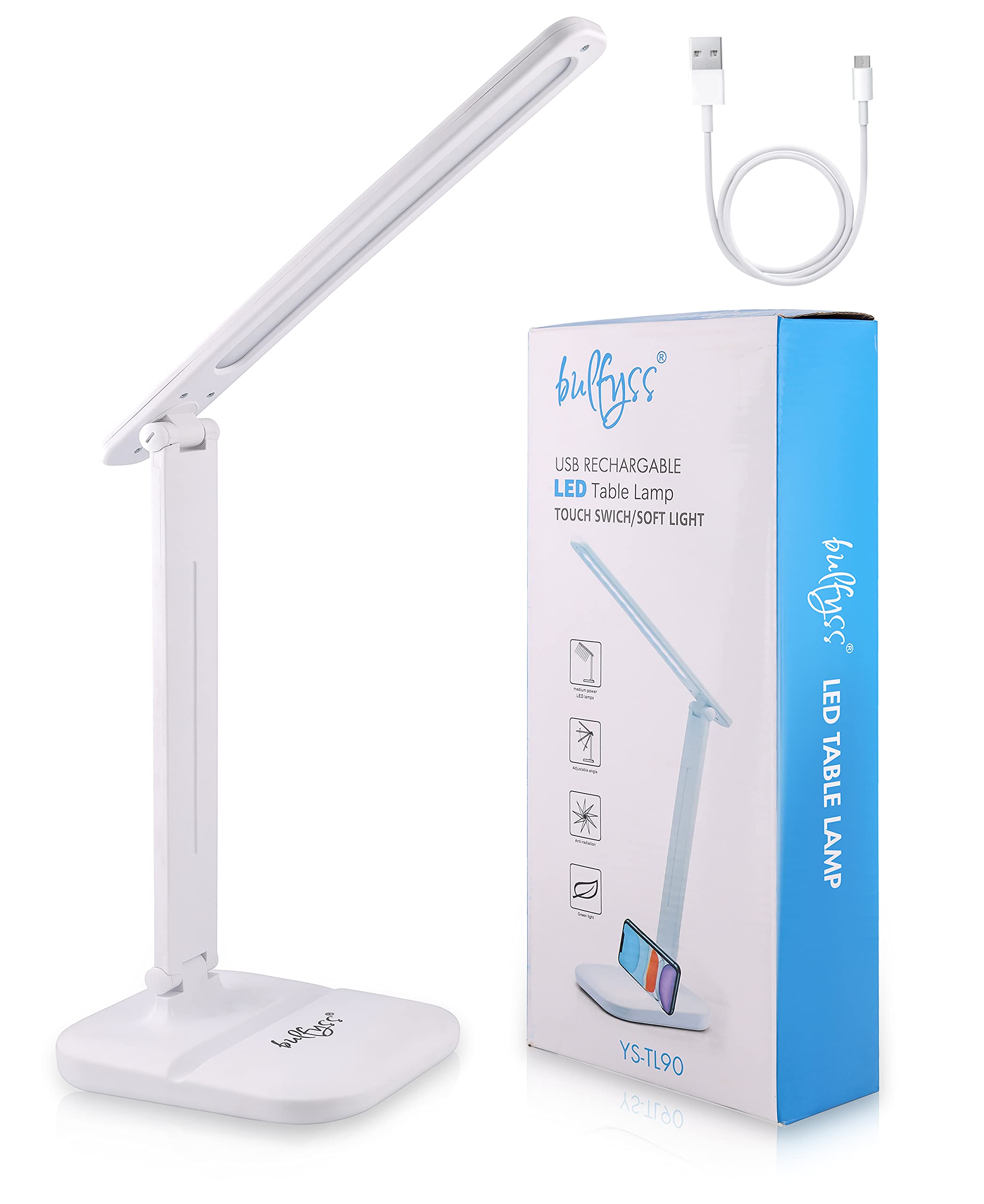 Bulfyss Air USB Rechargeable LED Desk Lamp, Dimmable Foldable Office Lamp with 3 Lighting Modes and 5 Brightness Levels Touch Control Table Lamps for Study, Work and Reading (Warm White, Natural)