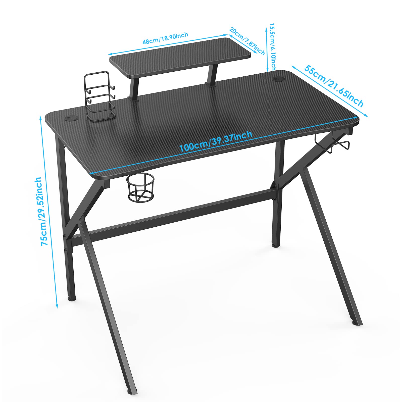 Scrivania Gaming Regolabile, Tavolo Gaming 100x55, Postazione Gaming con Piano del Tavolo in Fibra di Carbonio, tavolo gaming a forma di k con porta tazza, gancio per cuffie, ergonomico