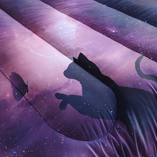 Miniatura 4 de Edredón de gato galaxia tamaño individual, juego de edredón Kawaii de gato y mariposa para niños, adolescentes y niñas, juego de ropa de cama de 3