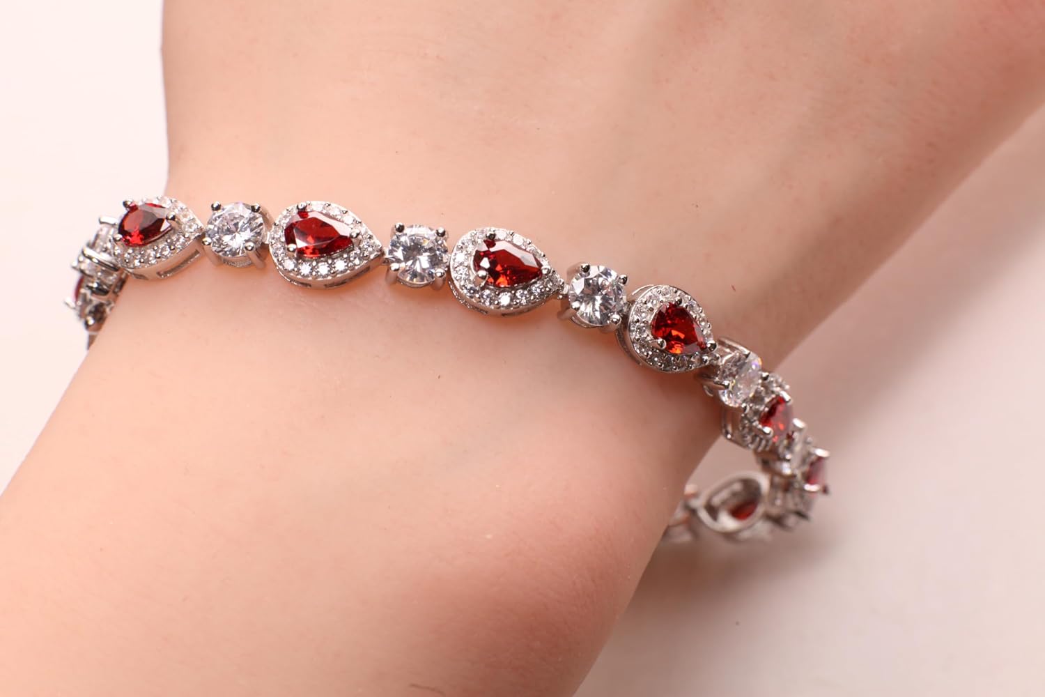 Garnet Teardrop shape Prong Setting CZ Diamond 925 Sterling Silver Tennis Bracelet with double Safety Lock 7.5"