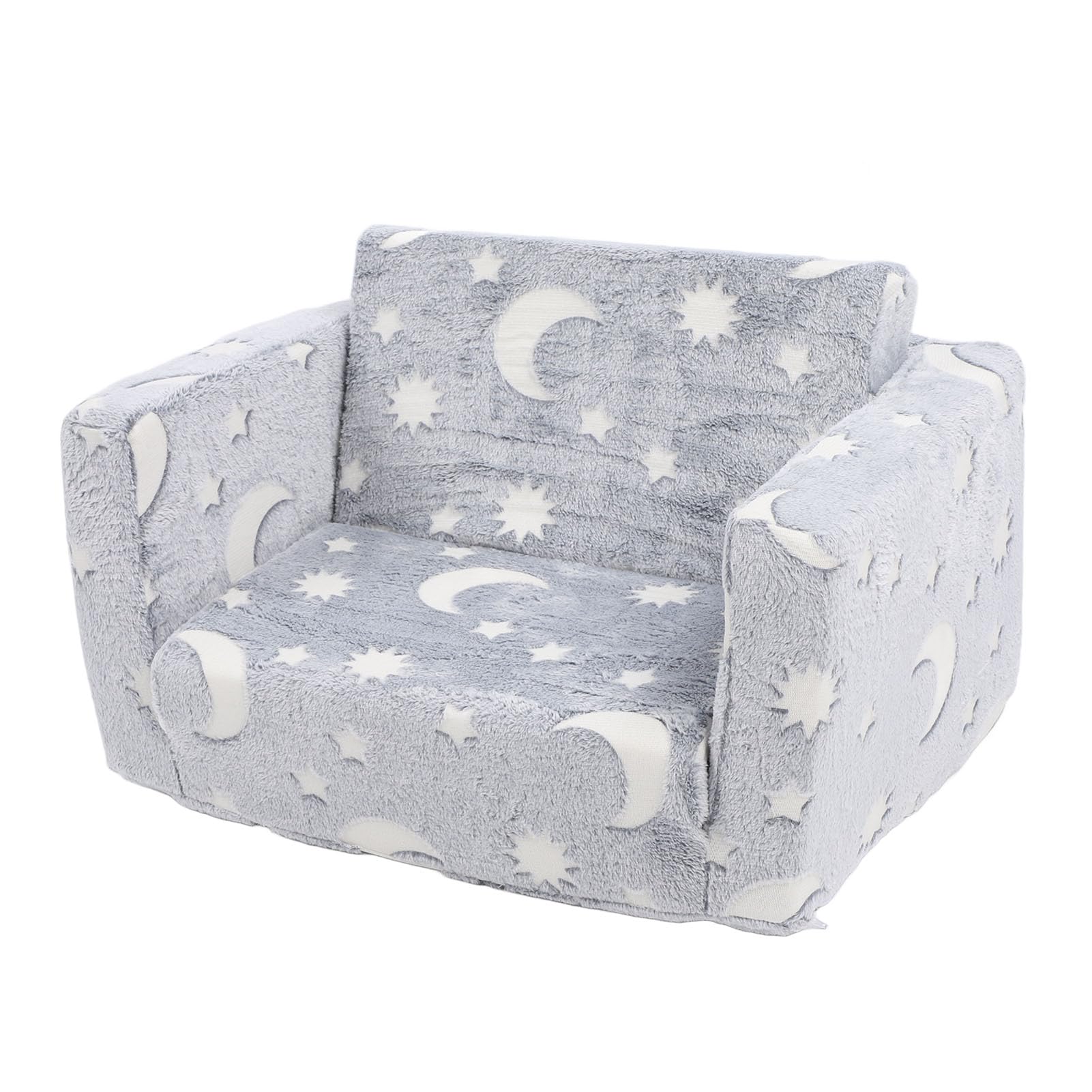 TOPINCN Kid Sofa Bed, 2 in 1Toddler Couch Armchair in The Dark Convertible Sofa to Lounger Sleeping Sofa with Star Moon Pattern for Home Babyroom Gray