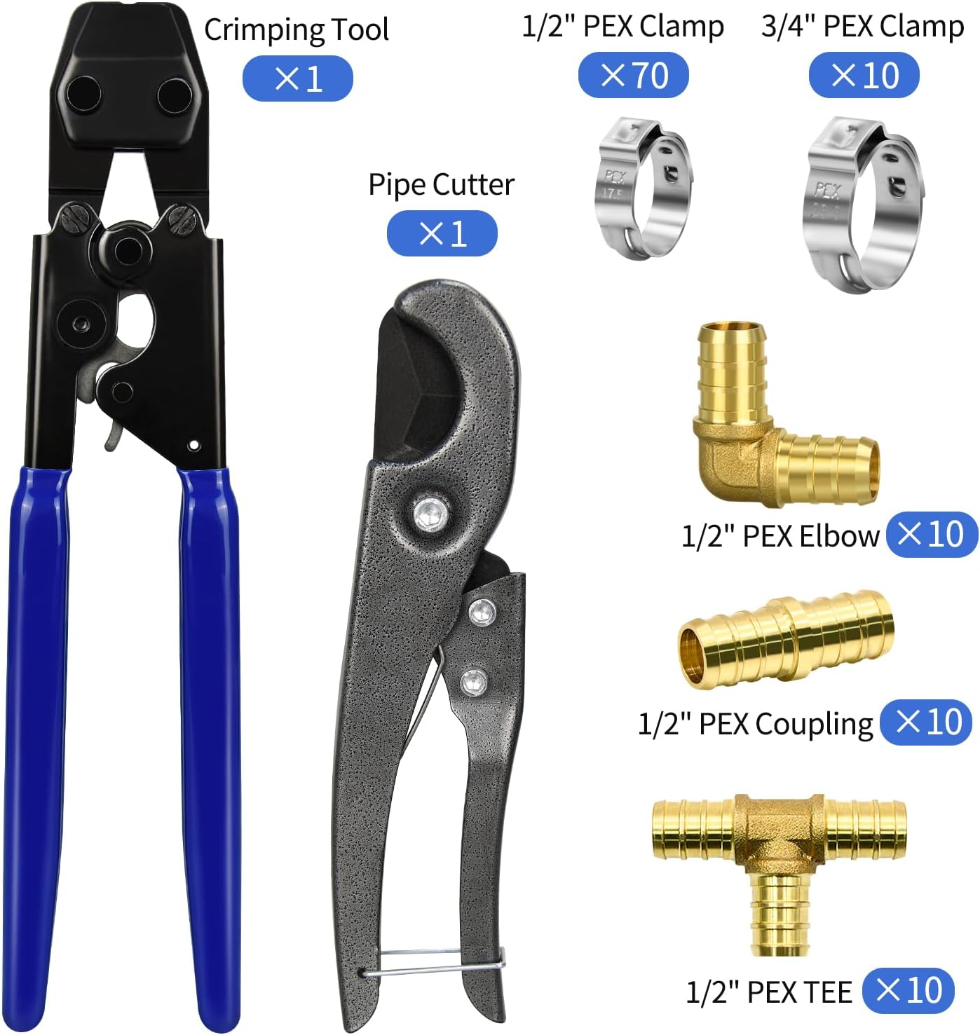 PEX Cinch Clamp Tool Kit, 3/8" to 1" PEX Pipe Clamp Cinch Tool with 30 pcs 1/2" Brass PEX Fittings Combo, 1pcs Pipe Cutter, 70 pcs 1/2" PEX Cinch Clamps, 10pcs 3/4" PEX Cinch Clamps
