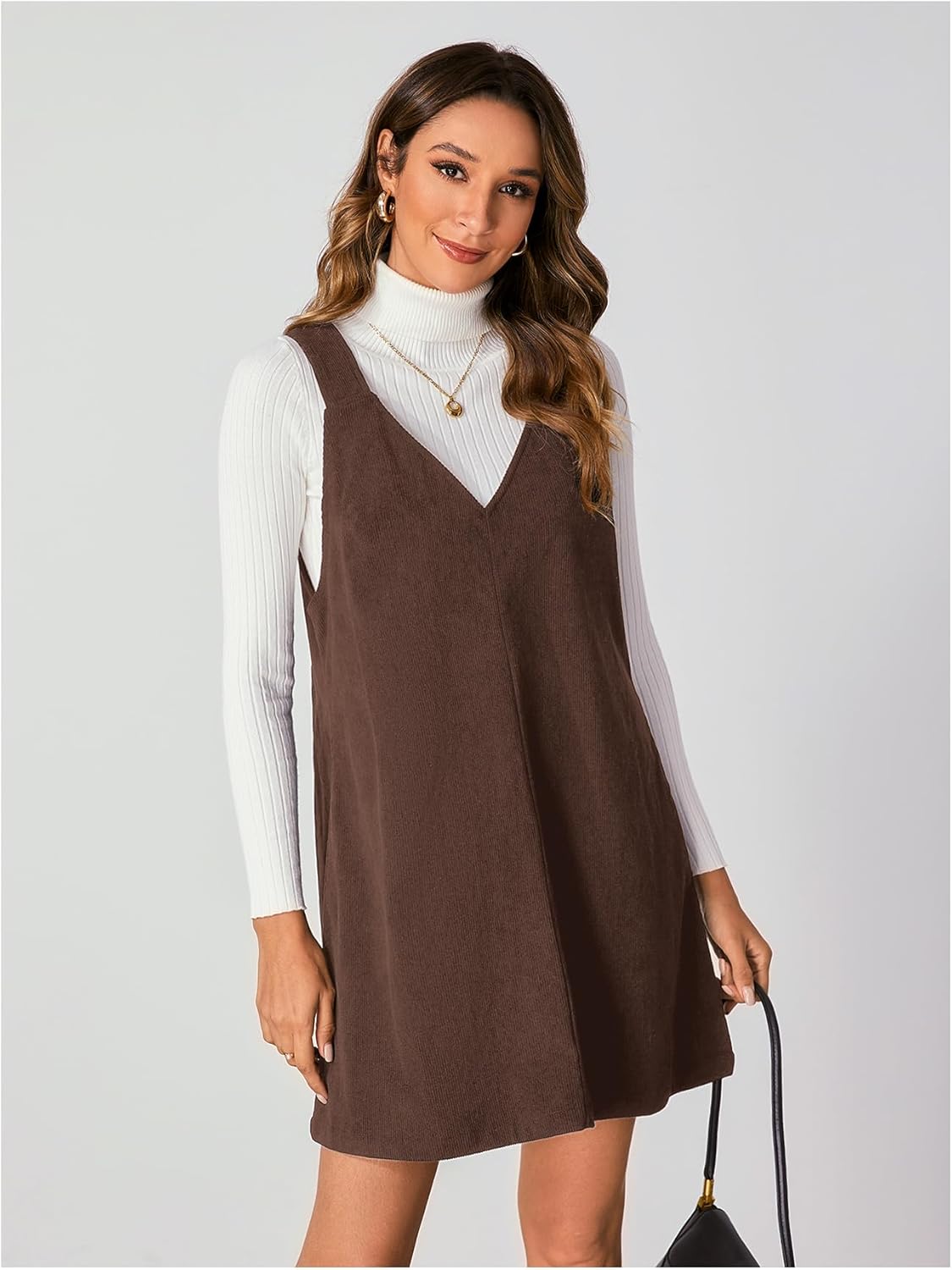 Milumia Women V Neck Corduroy Overall Dress 2025 Fall Mini Pinafore Jumper Dress - Image 5